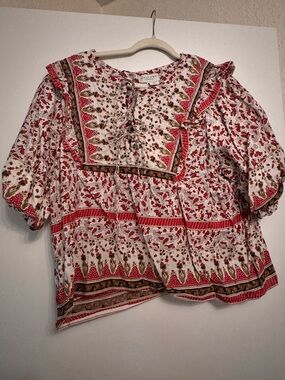 Calypso St. Barth Printed Peasant Blouse in Red and Cream Size XL